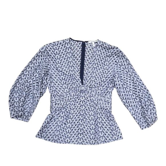 Derek Lam 10 Crosby Blue Eyelet Plunge Neo Blouse 2 - Picture 3 of 5